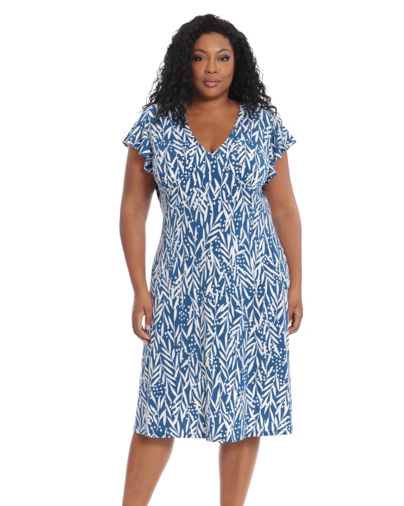 Front of a model wearing a size 14w Lilly Ruffle Sleeve Midi Dress in blue/white by London Times. | dia_product_style_image_id:268543